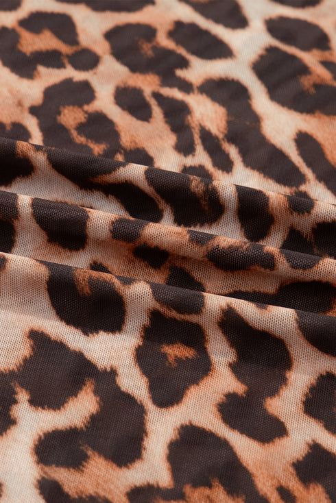 Leopard Mock Neck Sheer Mesh Fitted Long Sleeve Top